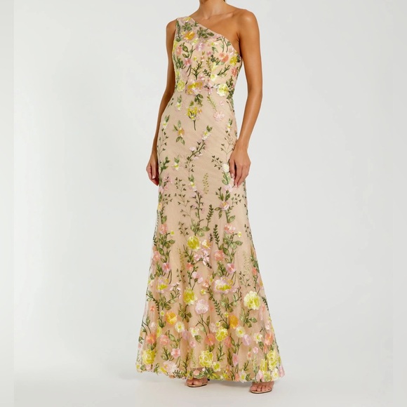 Mac Duggal Dresses & Skirts - Mac Duggal One-Shoulder Embroidered Floral Gown in Pink and Yellow - Sz 14